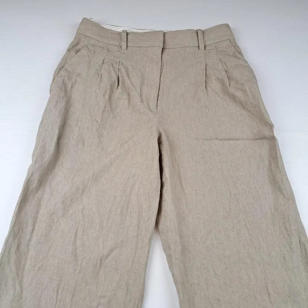 Aritzia Pants Womens 8 Beige Linen Wide Leg Pleated Dress Trousers Career Office
